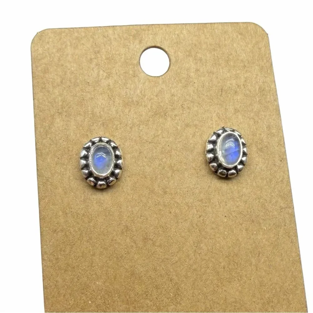 Rainbow Moonstone Stud Earrings Solid 925 Sterling Silver